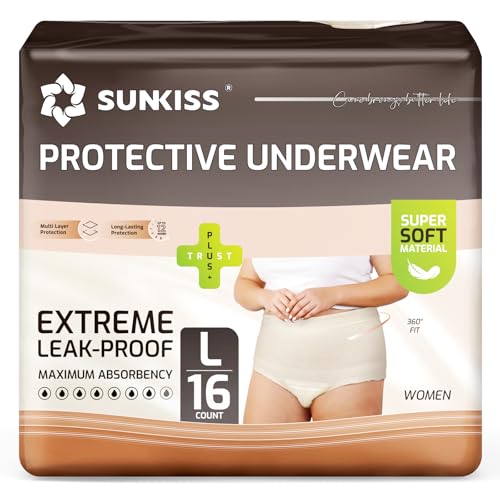 Image of SUNKISS Women Daytime Incontinence Underwear, Large, Beige, 16 Count | Disposable Adult Panties, Protective Pull Ups, Postpartum Care, Maximum Absorbency, Soft & Breathable Materials, Odor Control