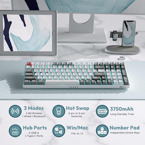 Rk Royal Kludge Rk100 Wireless Mechanical Keyboard, Bluetooth5.1/2.4G/Wired 96% Full Size 100-Key Hot Swappable Gaming Keyboard With 3 Usb Ports, Brown Switch For Mac Windows, Classic #TOP4