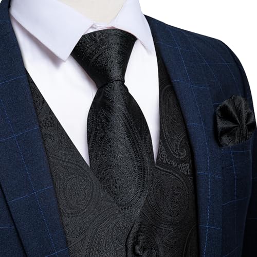 Image of DiBanGu Mens Vest and Tie Set Formal Paisley Waistcoat and Necktie Pocket Square Cufflinks Silk Suit Vest for Tuxedo Wedding