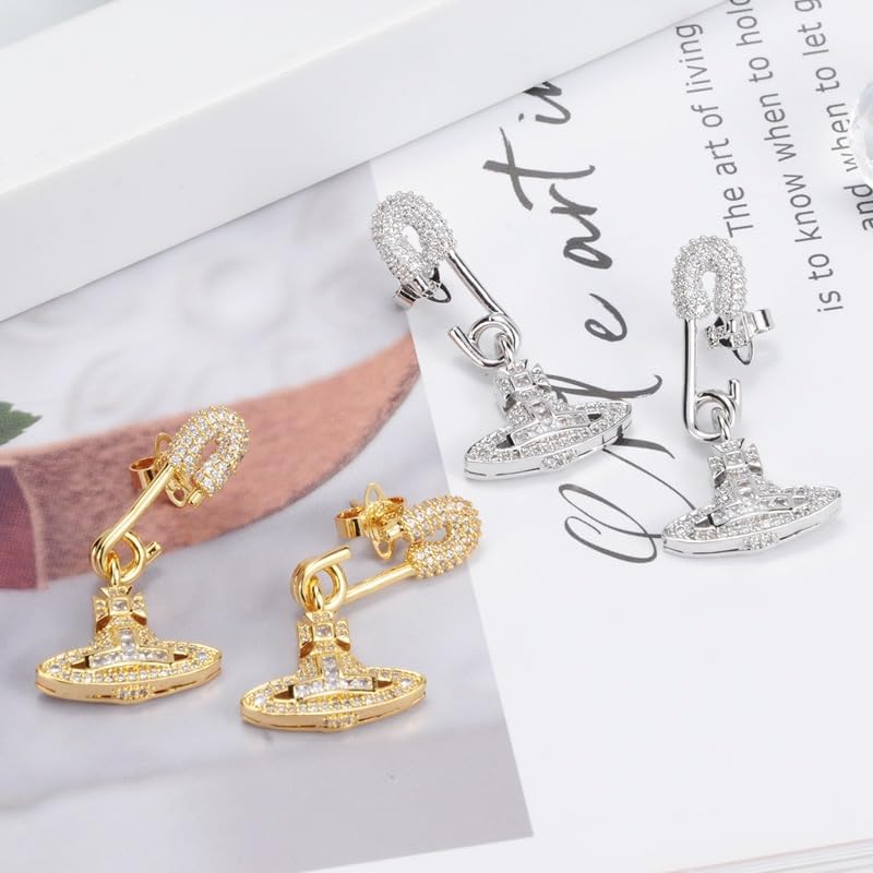 Colorful Saturn Earrings for Women - Punk Two-sided Pin Clip Zircon Saturn Earrings Ear Studs(Gold)