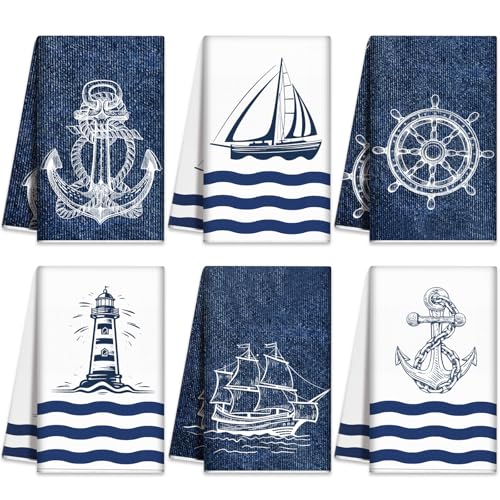 Bencailor 6 Pcs Sea Theme Kitchen Towels Set Beach Ocean Animal Hand Dish Towels Absorbent Soft Nautical Dishcloths for Spring Summer Kitchen Decoration(Navy Blue,Marine)