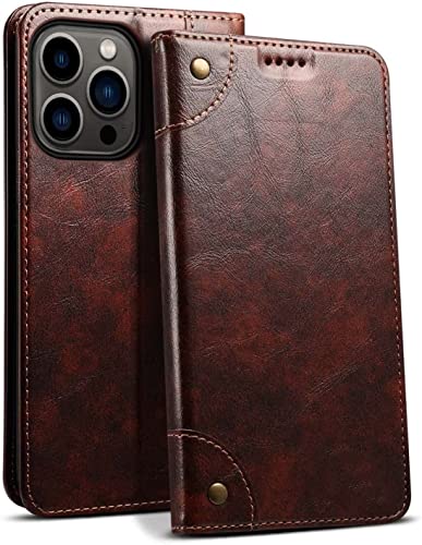 Étui iPhone 13 Pro Max KANUZ en cuir marron avec porte-cartes et béquille