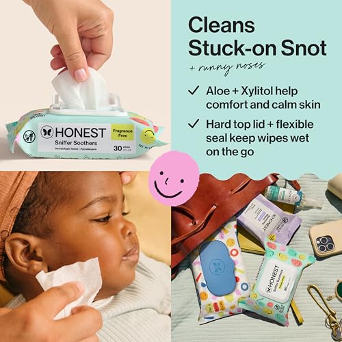 Image of The Honest Company Plant-Based Snot Removing Wipes, Soothing Nose with Aloe, Hypoallergenic for Sensitive Skin, EWG Verified Fragrance-Free, 60 Count