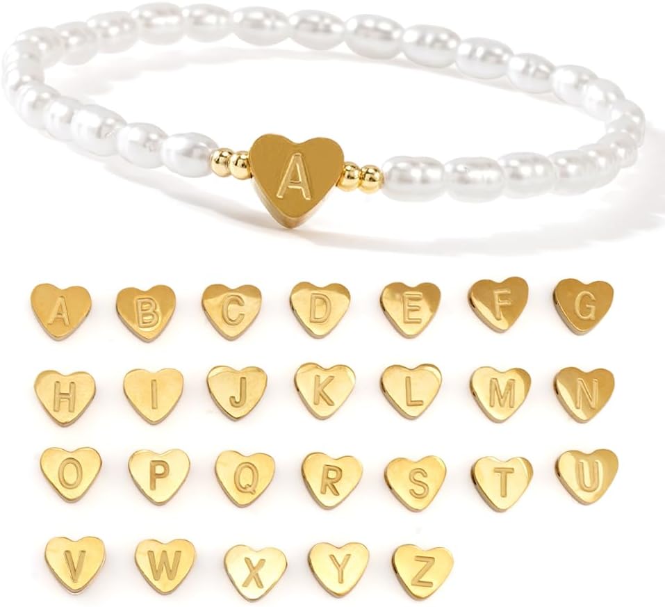 Gold Heart Beaded Charm Freshwater Pearl Initial Bracelets for Women,Enewton Cute Handmade Stretch Beads Ball Trendy Jewelry Prom Holiday Gifts for Her - Image 6