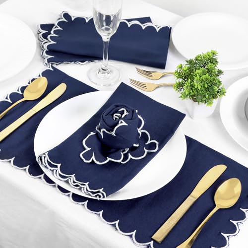 Image of FINGERCRAFT Scallop Edge Cloth Napkins | Set of 6 | 20x20 Inches | 100% Cotton | Table Napkins for Any Occasion | Washable, Perfect for Parties and Everyday Use (Navy Slub, Set of 6)