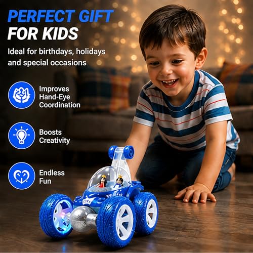 Image of Rechargeable 360 Remote Control RC Stunt Car for Kids Boys & Girls Smoke Effect, LED Lights, Music, Drift Spin Dual Sided Driving, Anti-Skid Rubber Tires Gift for Birthdays, Holidays 9883 Red