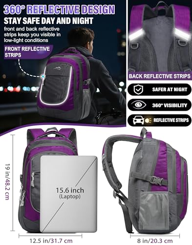Image of ProEtrade Backpack Bookbag for College Sturdy Travel Business Hiking Fit Laptop Up to 15.6 Inch Multi Compartment Gifts for Men Women Night Light Reflective (Purple A)