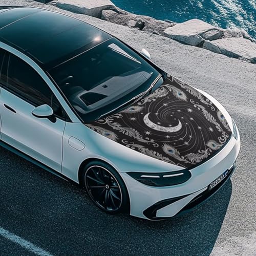 Image of Retro Peacock Moon Car Hood Cover, Nordic Style Classical Peacock Feather Elastic Auto Hood Protector Stretchable, Stars Moon Car Bonnet All-Season Protection Black