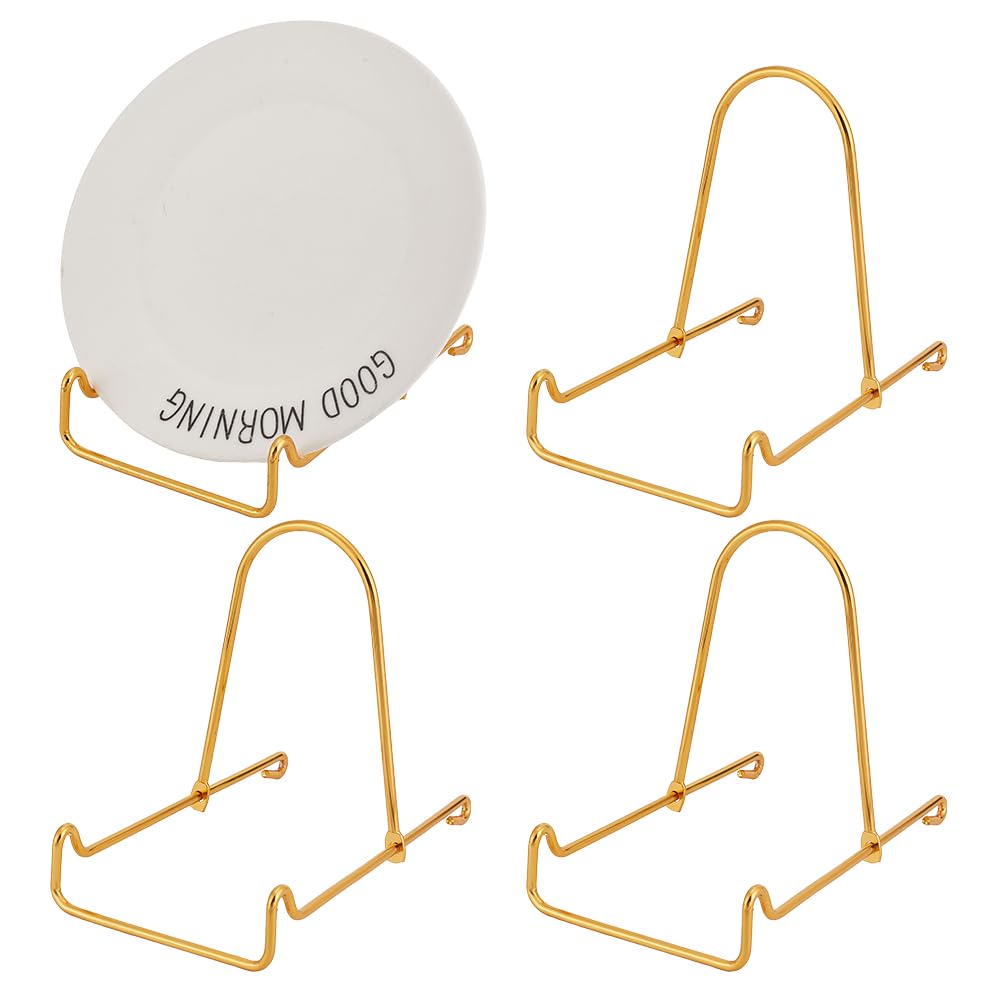 Paquete de 4 soportes de exhibición de hierro para adornos, soporte para platos profundos, platos decorativos, caballete de mesa, caballetes de hierro dorado para mostrar imágenes, libros