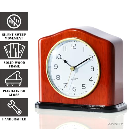 Image of AYRELY Mantel Clock, Handcrafted Solid Wood Desk Clock with Silent Movement, Piano-Gloss Finish, Elegant Table Clock for Fireplace, Bedroom, Office & Gifts