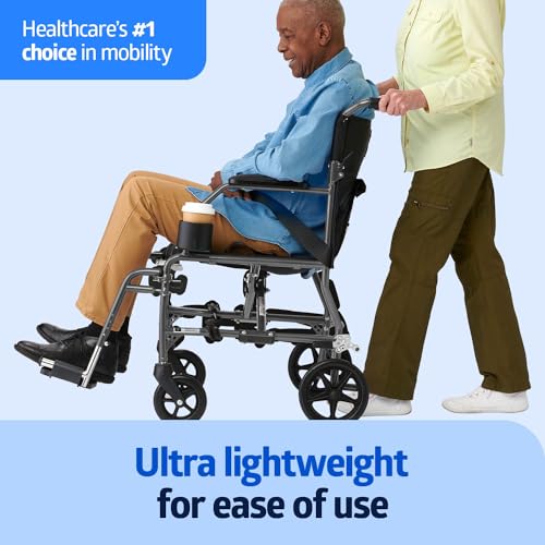 Image of Medline Ultralight Transport Wheelchair, 19 inch Wide Seat, Foldable Chair with Desk-Length Arms, Metallic Silver Frame - Lightweight, Compact, Portable
