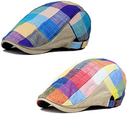 ZLSLZ 2 Pack Men's Plaid Cotton Flat Newsboy Ivy Cabbie Golf Gatsby Cap Hat Red Blue