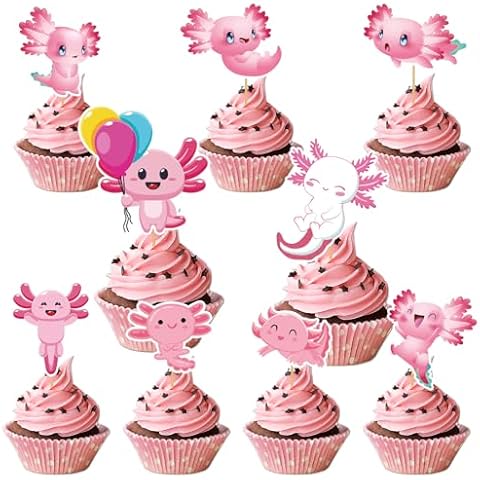 54PCS Pink Axolotl Cupcake Toppers Axolotl Theme Birthday Decorations Reptile Animals Axolotl Party Supplies for Birthday Party Baby Shower Cover