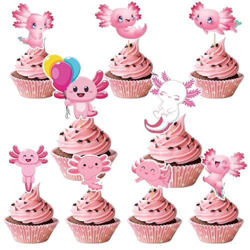 54PCS Pink Axolotl Cupcake Toppers - Axolotl Theme Birthday Decorations - Reptile Animal Party Supplies for Birthday Party or Baby Shower