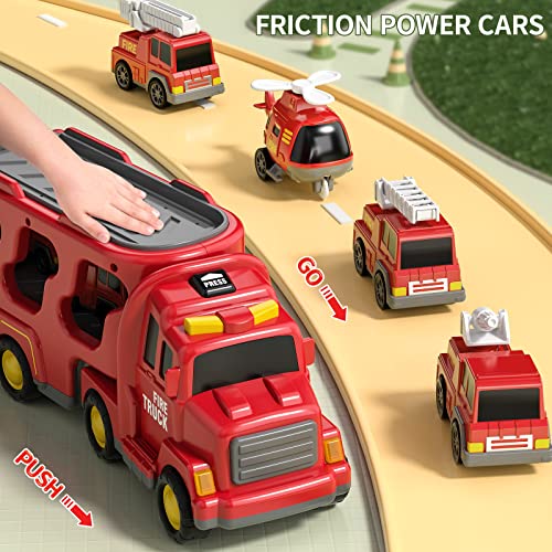 Temi Toddler Fire Toys For 3 4 5 6 Years Old Boys Girls - 5 In 1 Carrier Truck Transport Cars For Toddlers 1-3, Friction Power Vehicles For Kids 3-5, Christmas Birthday Gifts For Boys Girls Age 3-9 #TOP2