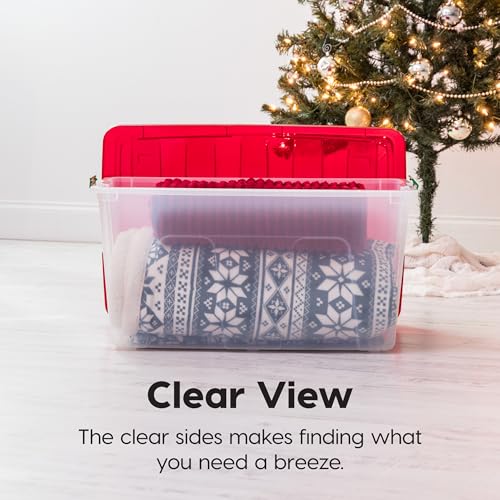 IRIS USA 94 Qt. Stackable Plastic Storage Bins with Lids, 2 Pack - BPA-Free, See-Through Organizing Solution, Latches, Durable Nestable Containers, Secure Pull Handle, Made in USA - Red - Image 4