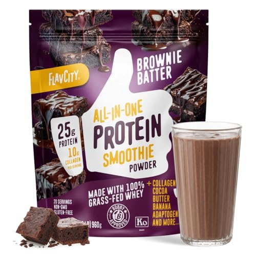 FlavCity All in One Protein Shake Powder Brownie Batter - On the Go Meal Alternative + Collagen Peptides Reishi & Cordyceps - Focus Skin Hair & Joint Support - 100% Grass Fed Whey 20 Servings
