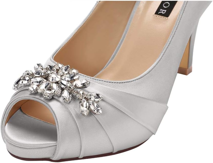 ERIJUNOR Peep Toe Mid Heels for Woman Rhinestones Satin Evening Prom Wedding Shoes