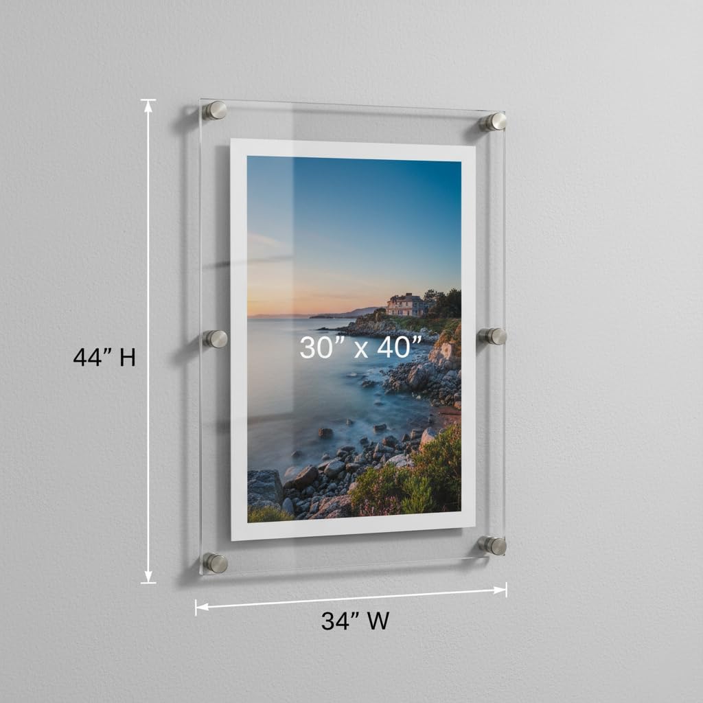 azar displays, 105540, floating acrylic wall frame with silver hardware stand off caps, clear hanging photo frame display mount with frameless border, glass-like frame for large prints, 30" x 40" clear 30x40