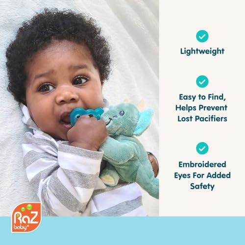 Image of RaZbaby RaZbuddy Stuffed Animal Pacifier Holder for Newborns & Up, Made in the USA, Detachable Orthodontic JollyPop Pacifier, Medical-Grade 100% BPA-Free Silicone, Baby Shower, 0 Months+ (Triceratops)