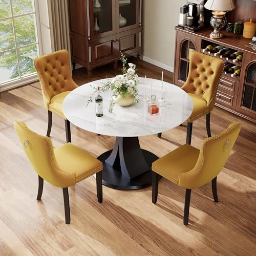Image of 5-Piece Dining Table Set with 39In Faux Marble Table and 4 Velvet Upholstered Chairs, Modern Scandinavian Furniture for Dining Room Kitchen(Yellow)