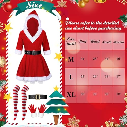 LOEPENLE Weihnachtsmann Kostüm Damen,Kostüm Weihnachtsmann,Premium Weihnachten Kleid Frauen Santa,Weihnachtsman mit Kapuze,Santa Claus Kostüme mit Kleid,Gürtel,Socken und Handschuhe