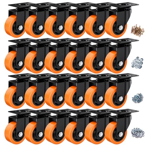 Image of 3 Inch Caster Wheels, Casters Set of 24 Heavy Duty, Orange Polyurethane (PU) Casters, Industrial Swivel Top Plate Castor Wheels for Workbench /Furniture /Cart (Pack of 24)