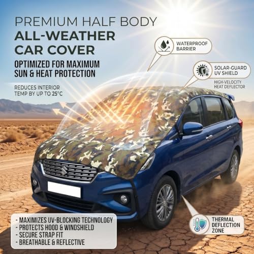 Image of Pivalo Half Car Body Cover for MUV Cars (All Models & Years) | 100% Waterproof Outdoor UV & Heat All Weather Protection | Triple Stitched 3 Layer with Adjustable Straps Cover (Grey)