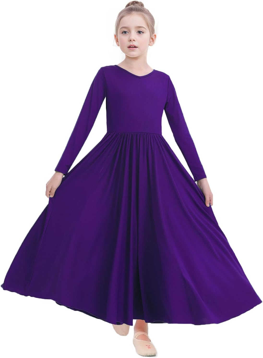 Girls Praise Dance Dress Metallic Gold Liturgical Worship Church Robe Full Length Swing Lyrical Costume