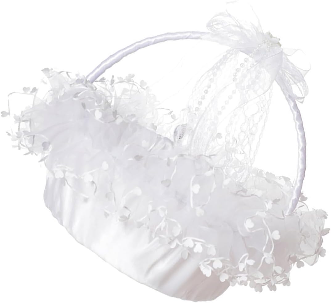 Healifty Lace Wedding Flower Basket Handheld Elegant Foldable White Basket for Flower Ceremony Supplies