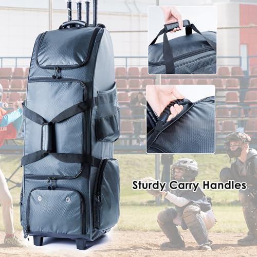 VIGEGARI Upgraded Rolling Baseball Bag with Sturdy Hard Backing - Large Softball Bag with Wheels for 4 Bats, Large Team Equipment Duffle Bat Bag, Catcher Gear Bag for Boys 8-12, Youth, Adults - Thumbnail 6