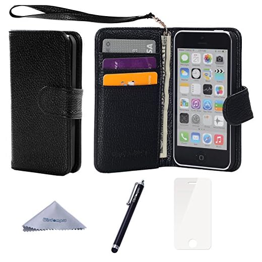 Wisdompro iPhone 5c Case, Premium PU Leather 2-in-1 Protective Flip Folio Wallet Case with Multiple Credit Card Holder Slots and Wrist Lanyard for Apple iPhone 5c (Black with Lanyard)
