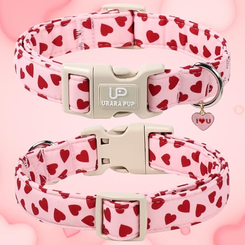Image of Valentine's Dog Collar, UP URARA PUP Pink Love Heart Adjustable Pet Collar with Bowknot Charm, Adorable Wedding Dog Accessories for Small Medium Large Dogs