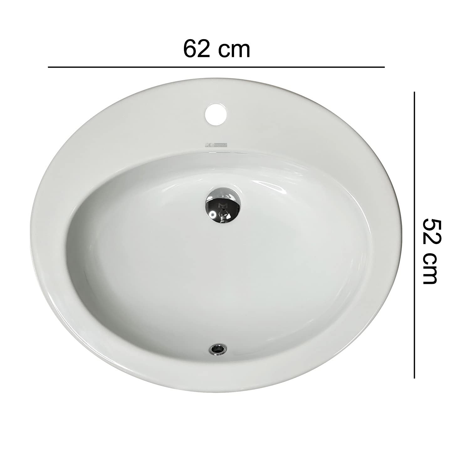 LAVABO Incasso TONDO Ceramica - Lavandino Soprapiano OVAL L. 62 x 52 cm Monoforo Pred. a 3 Fori