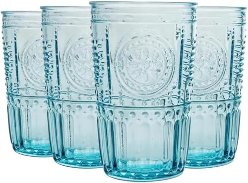 Bormioli Rocco Romantic 16 oz. Cooler Beverage Glasses for Cold Drinks, Juices, and Cocktails, Set of 4, Light Blue