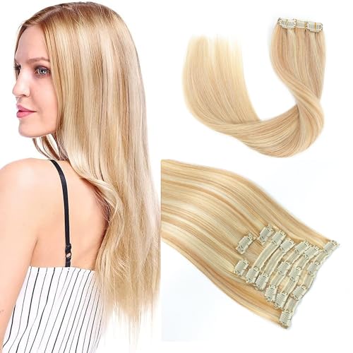 20'' Double Weft Clip in Hair Extensions Real Human Hair Full Head 8PCS 100g Silky Straight -100% Remy Human Hair Highlighted Color Clip in Human Hair Extensions (20 Inch 100g, 18/613)