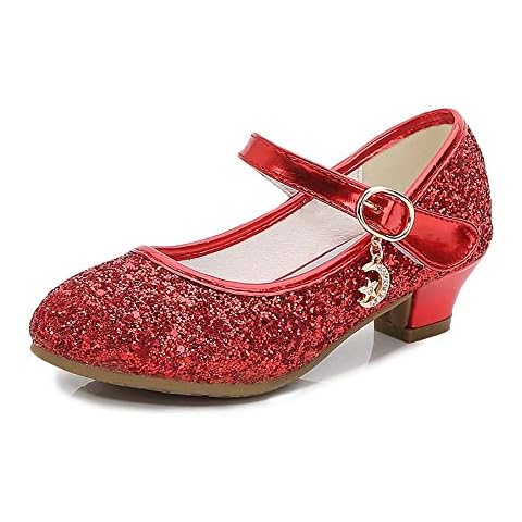 WYSFLY Girls Princess Shoes Kids Sparkly Glitter Sequins Shoes Low Heeled Wedding Evening Party Carnival Dress Shoes Red 11UK Child Cover