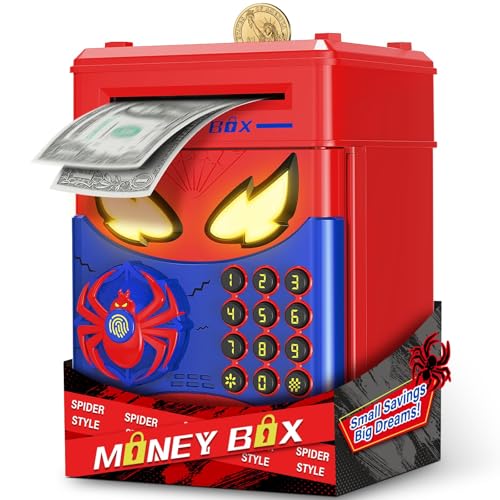 Ltteaoy Hucha Caja Fuerte Niños, Hucha Electrónica con Contraseña y Botón de Huella Digital, Función Automática de Introducción de Billetes, Juego Educativo Spider 3-12 Años