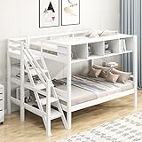 Merax Twin Over Full Bunk Bed with Staircase and Built-in Storage Cabinets, White