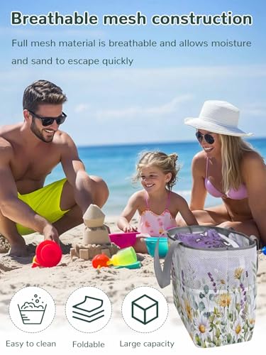 Mesh Beach Bag Oversized Tote Bags for Women Farm Daisy Flower on White Large Travel Pool Bags with 8 Pockets2