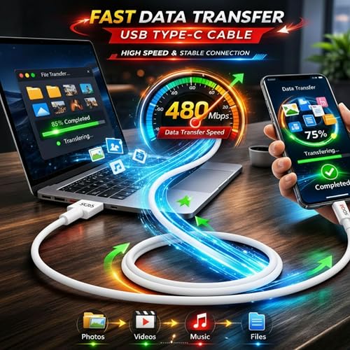 Image of 85W Fast Charging USB A to Type C Cable, 8A High Speed Charging & Data Sync Cable, Premium TPE USB C Charger Cable, Reinforced Connectors, 1 Meter, Compatible with USB Type-C Smartphone, White