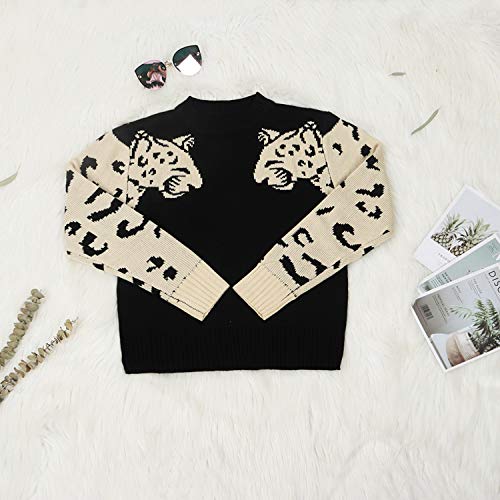 Angashion Women's Sweaters Casual Leopard Printed Patchwork Long Sleeves Knitted Pullover Cropped Sweater Tops Black M #TOP4
