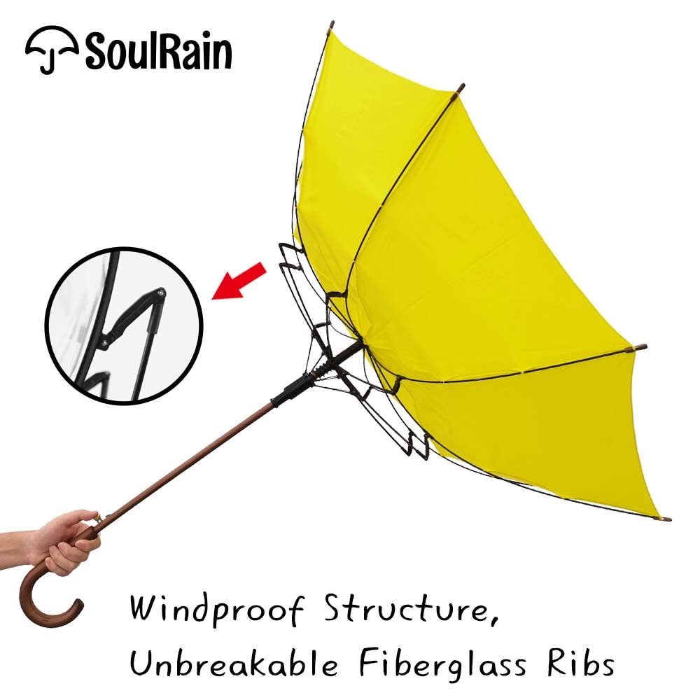 SoulRain 48" Arc Classic Wood Handle Umbrella Auto Open Windproof Unbreakable Stick Rain Umbrella (Yellow)