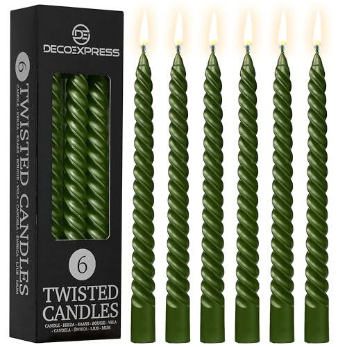 DECO EXPRESS Stabkerzen Set, 6er Packung, Tropffreie Gedrehte Bunte Kerzen, 6 Stunden Brenndauer Unparfümiert, Schlafzimmer Deko Geschenke für Valentinstag und Muttertag (Metallic-Olive, 6er-Pack)