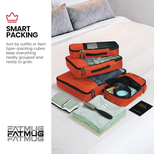 Image of FATMUG Packing Cubes Travel Pouch Bag Organiser Set of 8 (2x Large-Medium-Small and Slim) - Orange (Polyester)