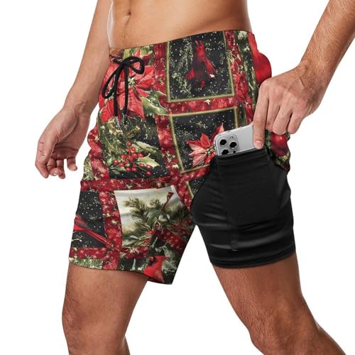 Cardinal Birds Christmas Tree Ball Men's Swim Trunks with Compression Liner Beach Shorts with Pockets Quick Dry2
