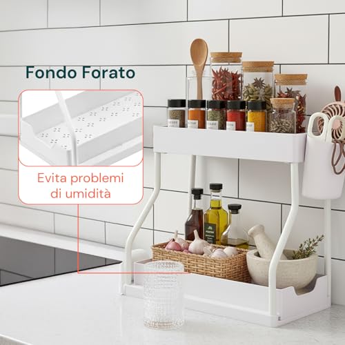 Avilia Organizer Sottolavello Estraibile A 2 Livelli - Cassetto Scorrevole Salvaspazio Con Secchiello Laterale E 4 Ganci - Supporto Multiuso Per Detergenti E Spugne - Per Cucina, Bagno E Lavanderia - 5