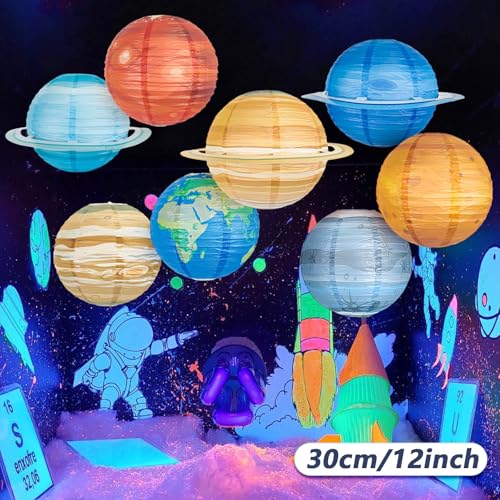 Image of 8 Pcs Solar System Planet Paper Lanterns, 12 Inches Large Paper Lantern Planets Hanging Lanterns Space for The Room Ceiling Classroom Birthday Party Decorations