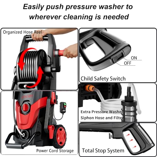 Image of 2026Upgraded Pressure Washer w /5 Quick Connect Nozzles, 35ft Power Cord w /GFCI, Inlet Hose & Filter& Soap Tank for Cars /Driveways /Home Cleaning, Bright Red