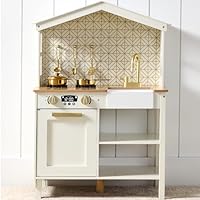 Best Choice Products Pretend Play Wooden Farmhouse Kitchen Set for Kids w/Toy Storage, Clicking Knobs, Windows, 5 Accessories Included - Cream